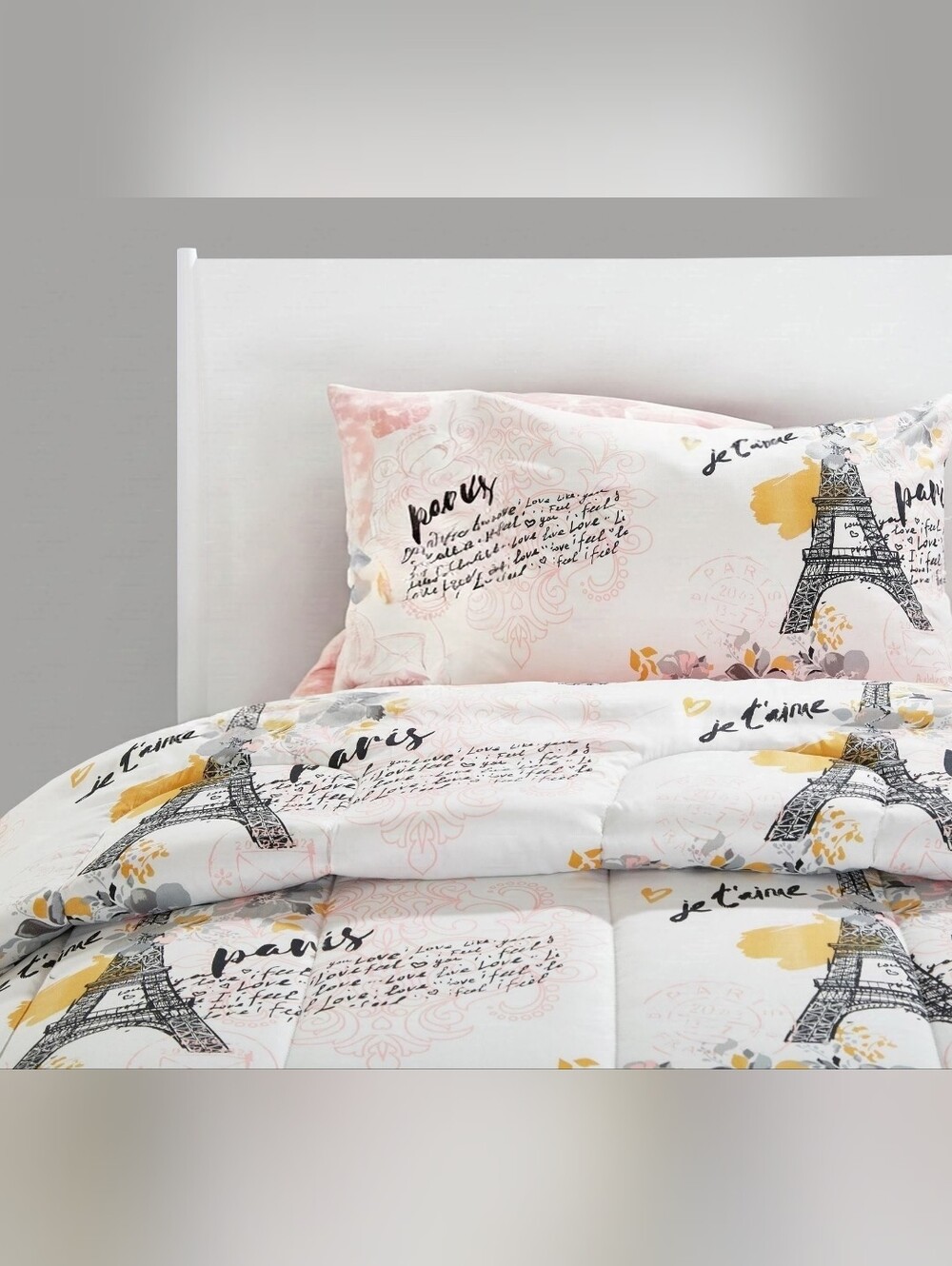 Paris Print Soft Pink and White Comforter Set - Queen Size